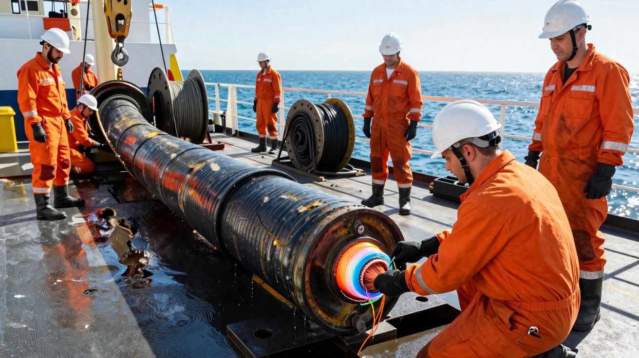 Trabalhadores em fato laranja e capacete inspecionam cabo submarino numa embarcação no meio do oceano.
