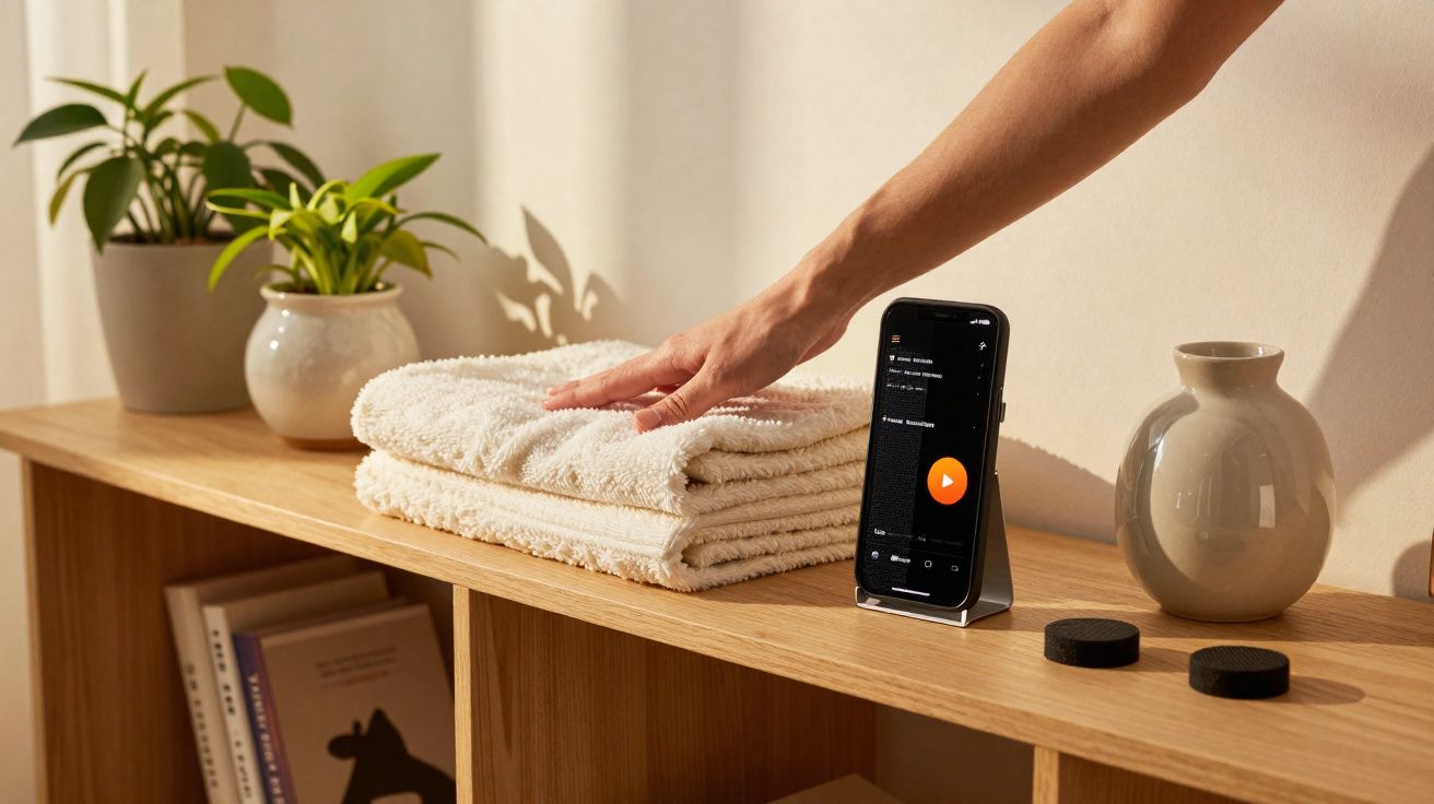 Mão a repousar sobre toalhas brancas dobradas numa prateleira com plantas, smartphone e objetos decorativos.