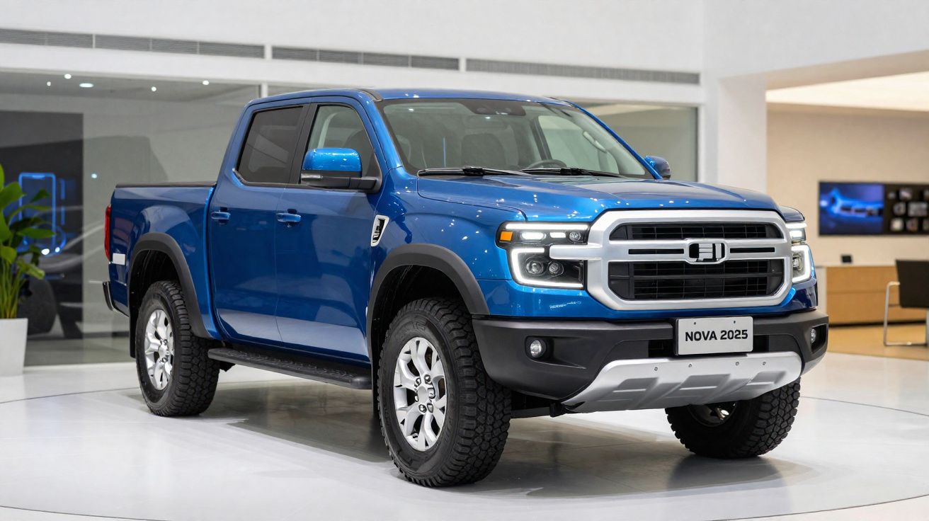 Pick-up azul moderna com design robusto exposta em salão automóvel.
