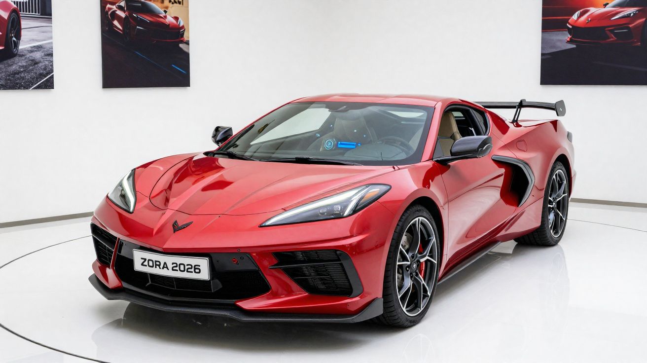 Carro desportivo vermelho com design futurista exposto numa sala branca com pinturas de automóveis na parede.