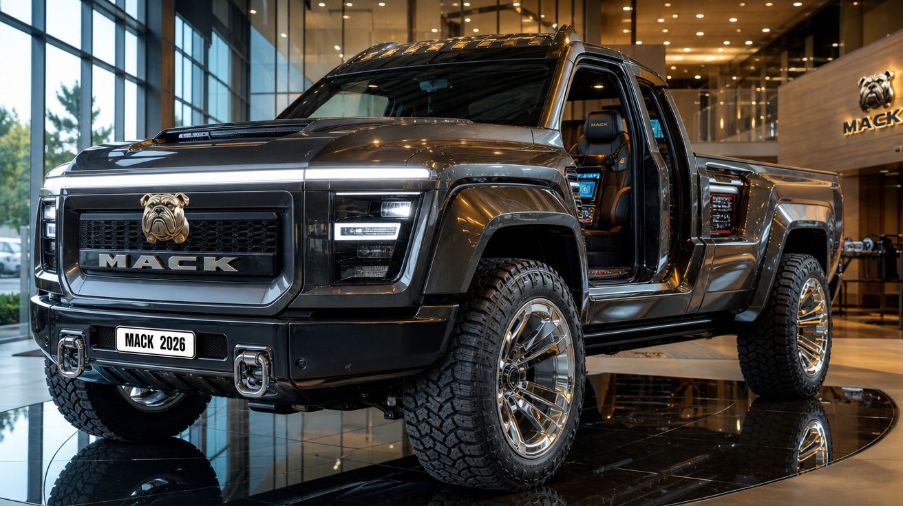 Pick-up elétrica cinza escuro Mack 2026 com portas abertas em showroom moderno.
