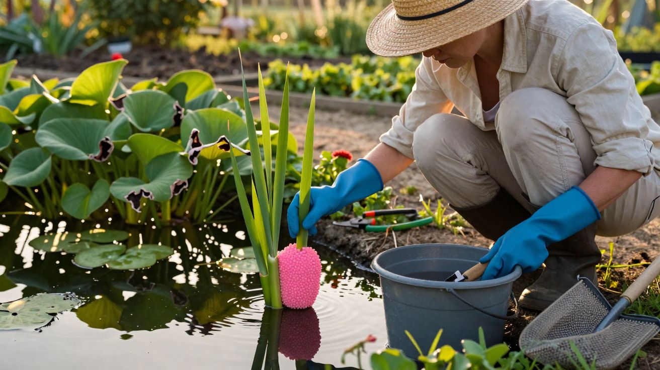 Pessoa com luvas azuis e chapéu a limpar lagoa de jardim com esponja cor-de-rosa.