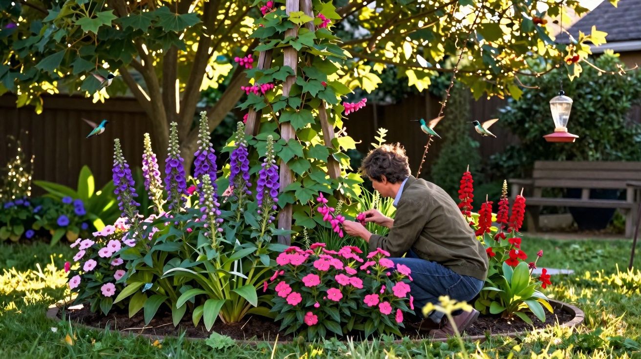 Homem a cuidar de flores coloridas num jardim com bebedouro e beija-flores em voo ao redor.