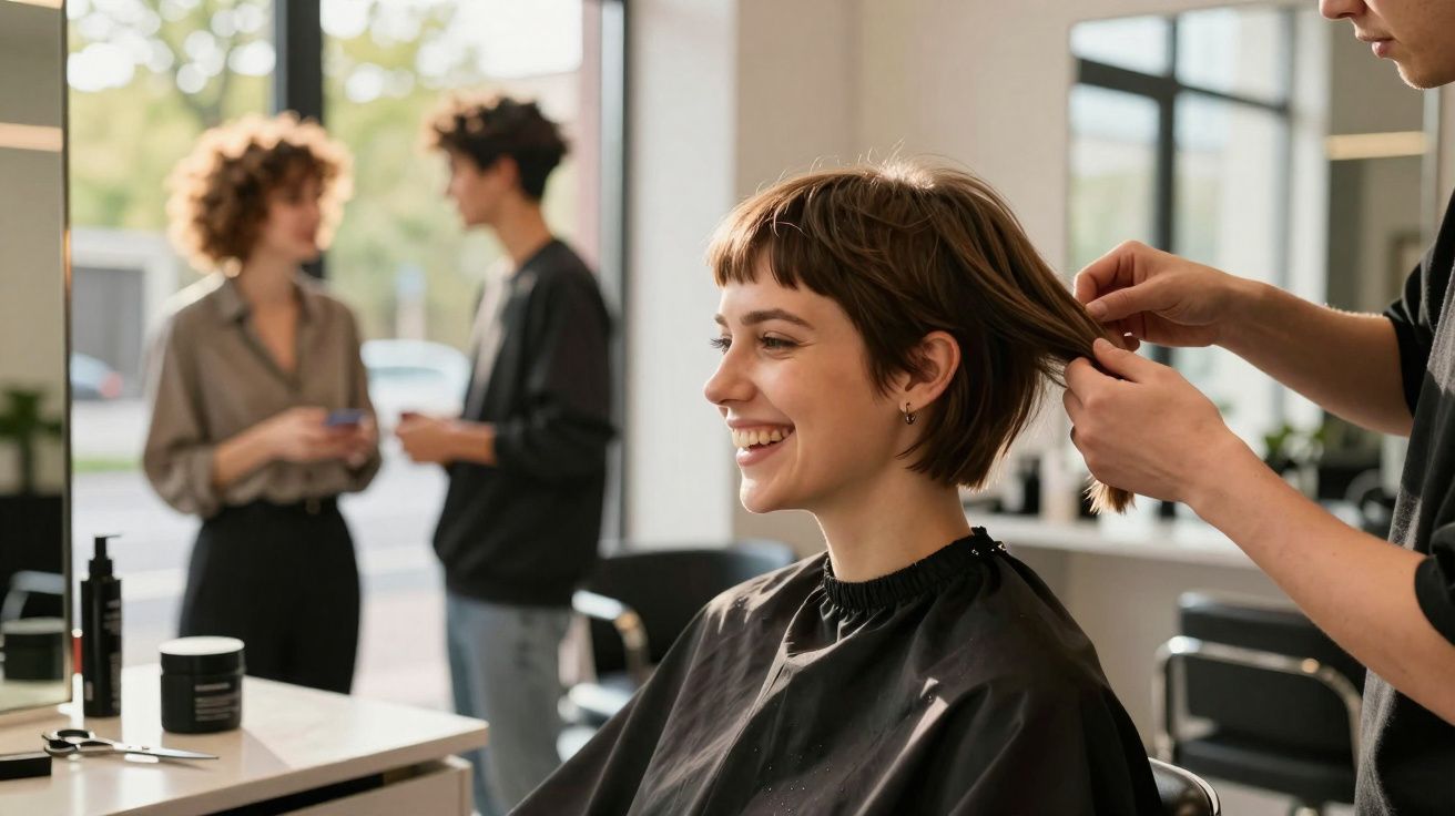 Mulher sorridente a cortar cabelo curto num salão moderno com duas pessoas a conversar ao fundo.