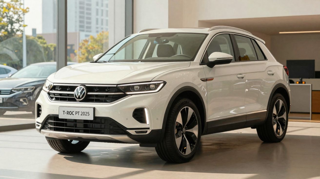 Carro Volkswagen T-Roc branco 2025 estacionado dentro de showroom moderno com janelas grandes.