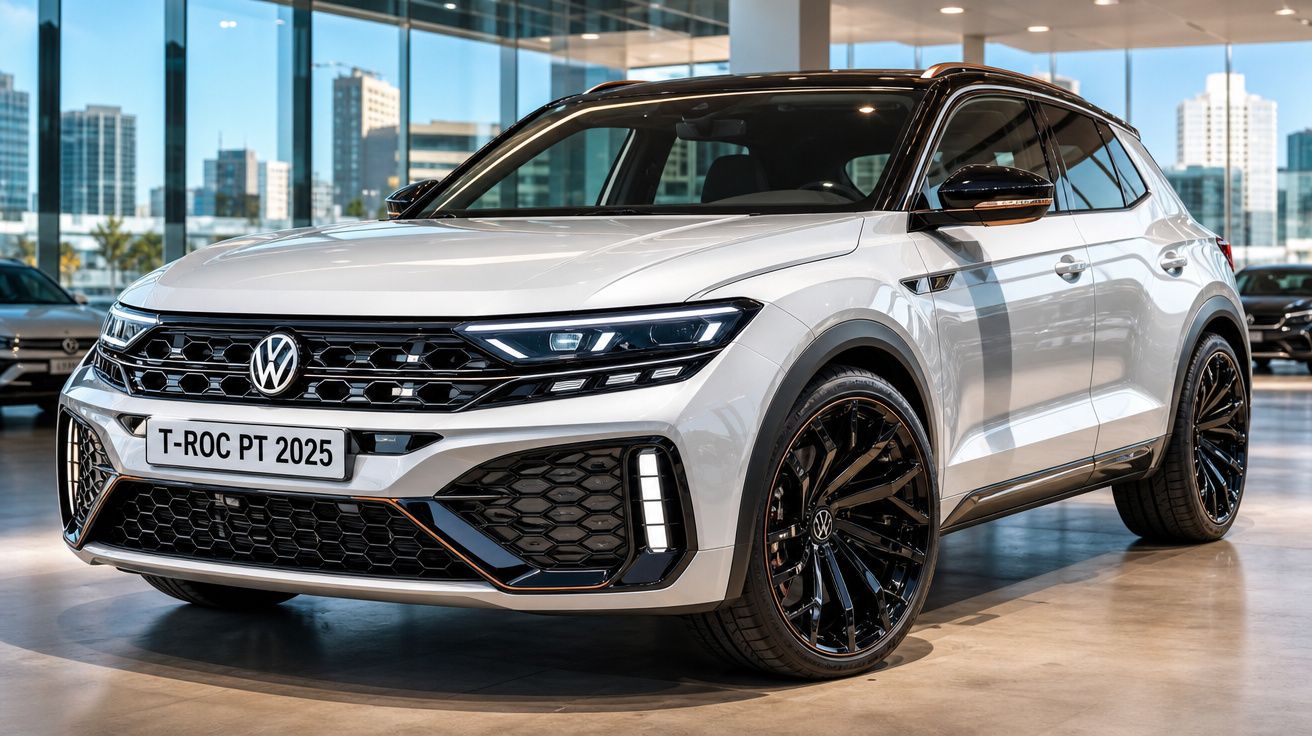 Carro Volkswagen T-Roc branco estacionado em showroom com jantes pretas e detalhes modernos.