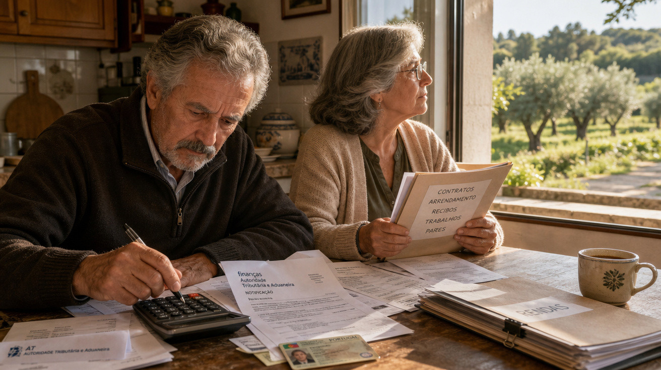 Casal idoso a analisar contas e documentos financeiros numa mesa com vista para campo.