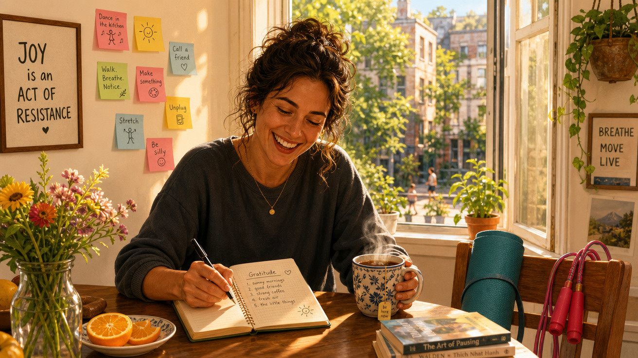 Mulher sorridente escreve num caderno e segura chá quente numa cozinha iluminada e decorada com plantas.