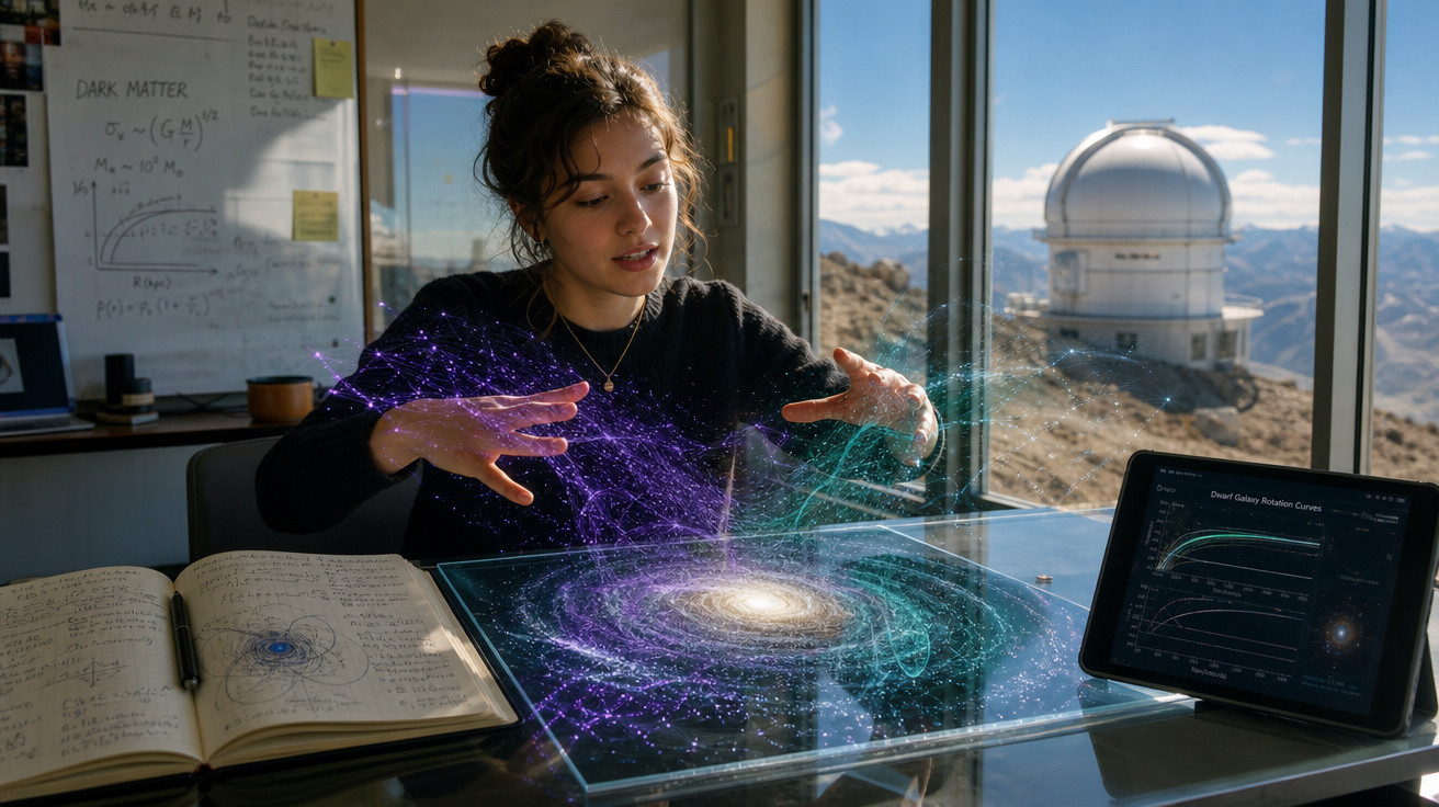 Jovem a explorar modelo virtual de galáxia em mesa digital, com caderno e gráficos numa sala com vista para observatório.