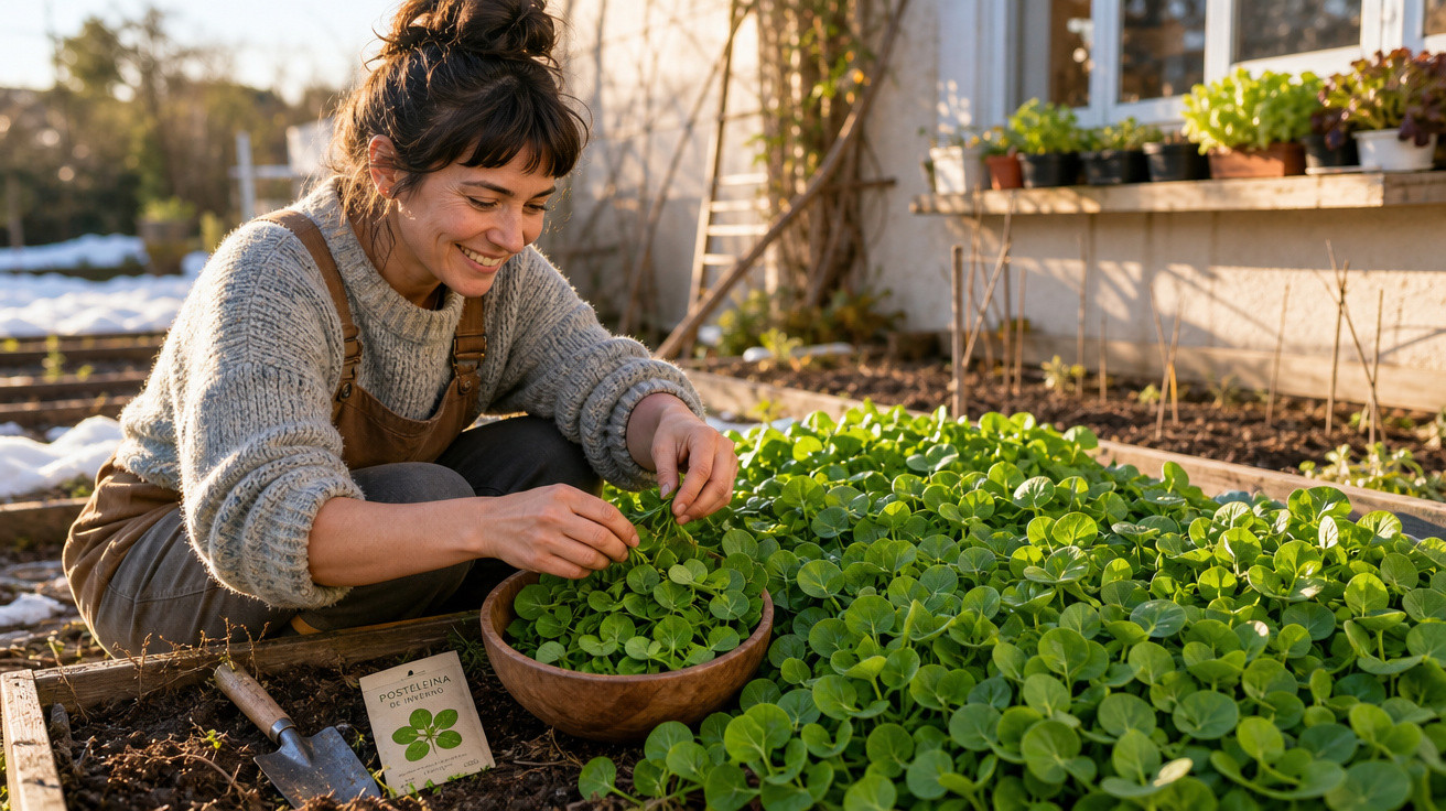 Mulher a colher trevo numa horta caseira, sorrindo, com utensílios de jardinagem ao lado.