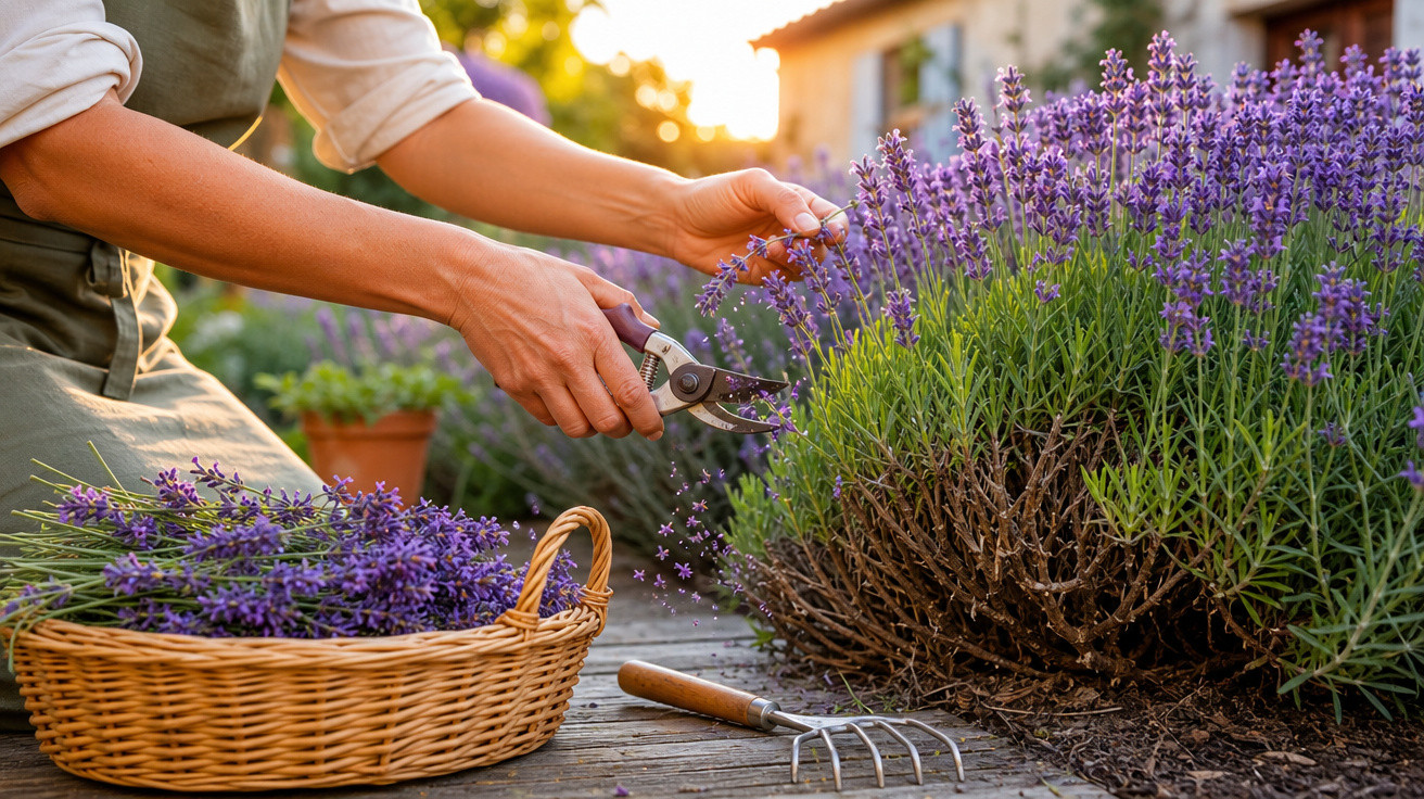 Pessoa a cortar flores de lavanda com tesoura de poda ao ar livre, com cesta e ancinho ao lado.