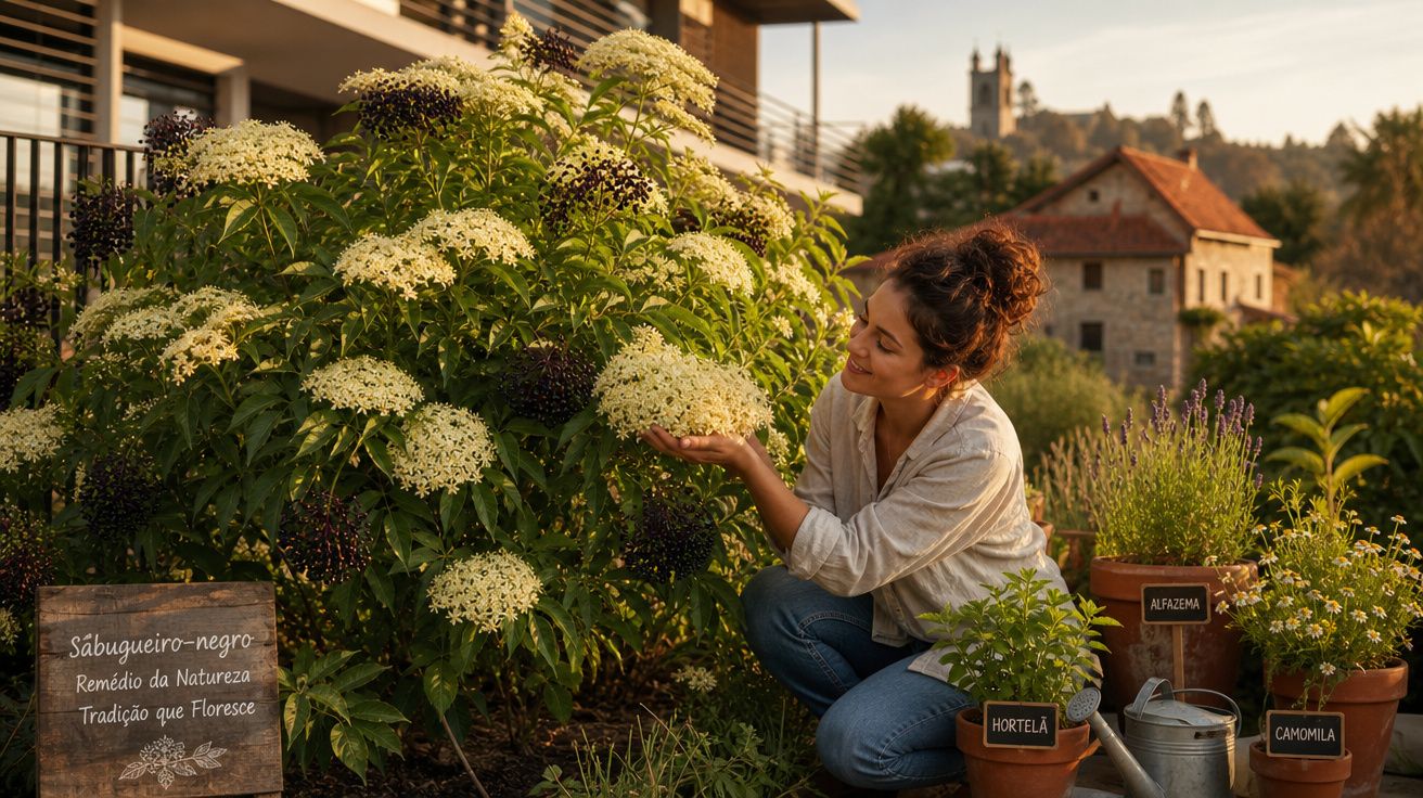 Mulher cuida de planta de sabugueiro-negro num jardim com vasos de hortelã, alfazema e camomila ao entardecer.