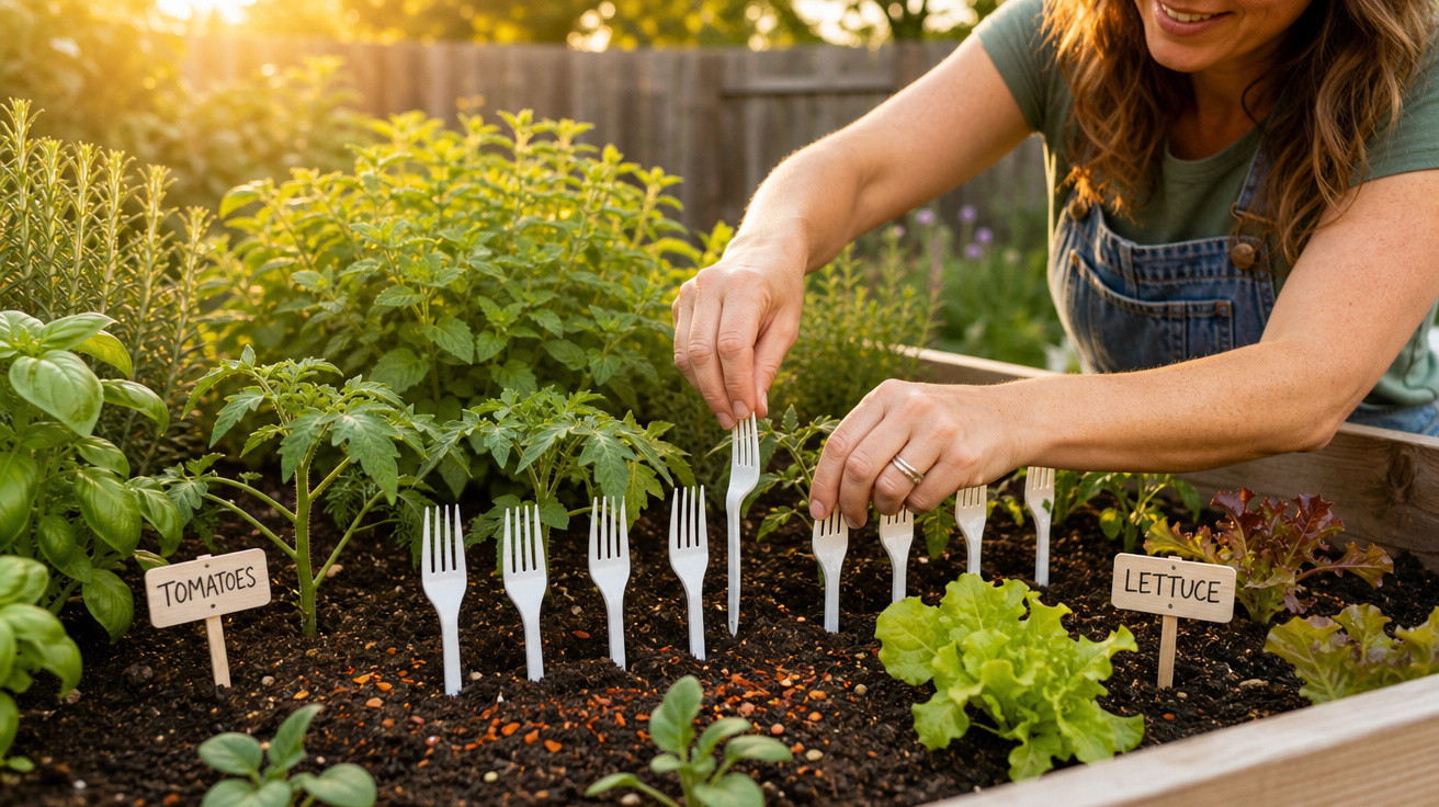 Mulher a colocar garfos de plástico em canteiro com ervas e plantas etiquetadas como tomate e alface.
