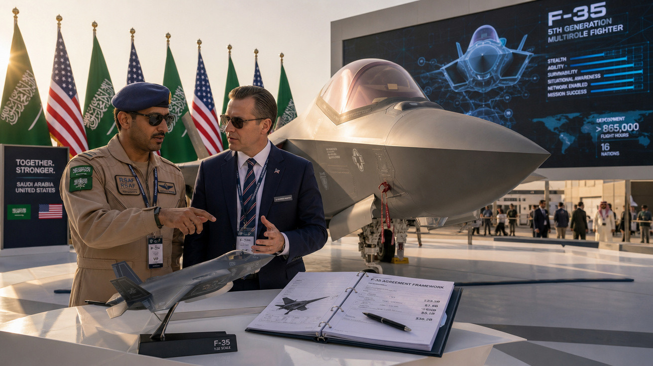 Dois homens, um militar saído da Arábia Saudita e outro de fato, alongside um modelo e um jacto F-35 num evento.