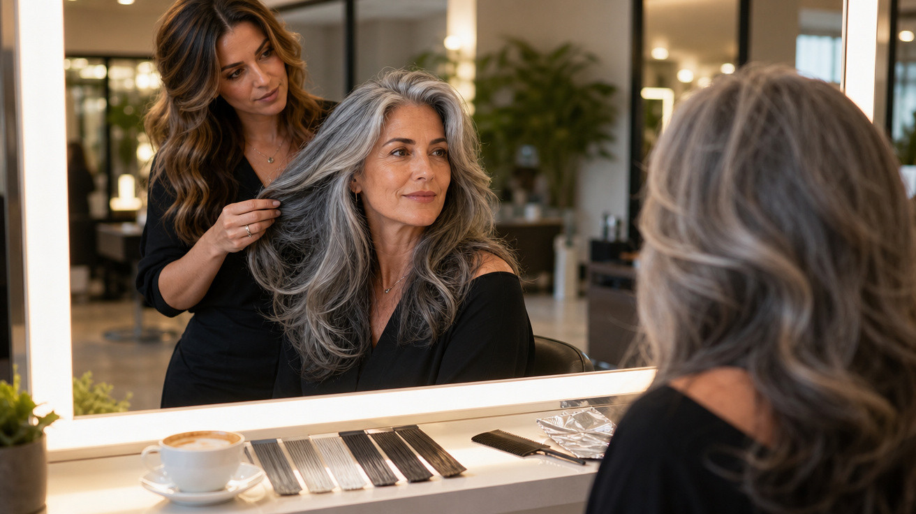 Mulher com cabelo grisalho a ser penteada por cabeleireira em salão moderno, olhando para espelho.