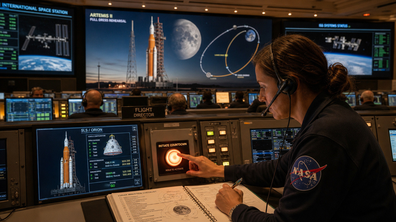 Controladora da NASA ativa contagem decrescente para lançamento da missão Artemis II numa sala de controlo.