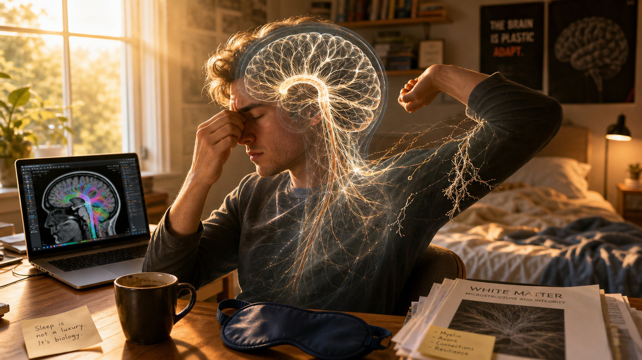 Homem com dor de cabeça sentado à mesa com imagem digital do cérebro e laptop com ressonância magnética.