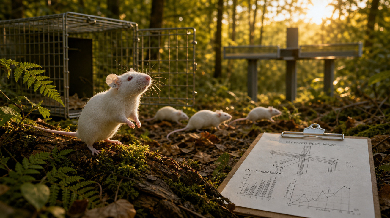 Ratos brancos num ambiente de floresta perto de uma armadilha metálica e uma prancheta com gráficos e desenhos.