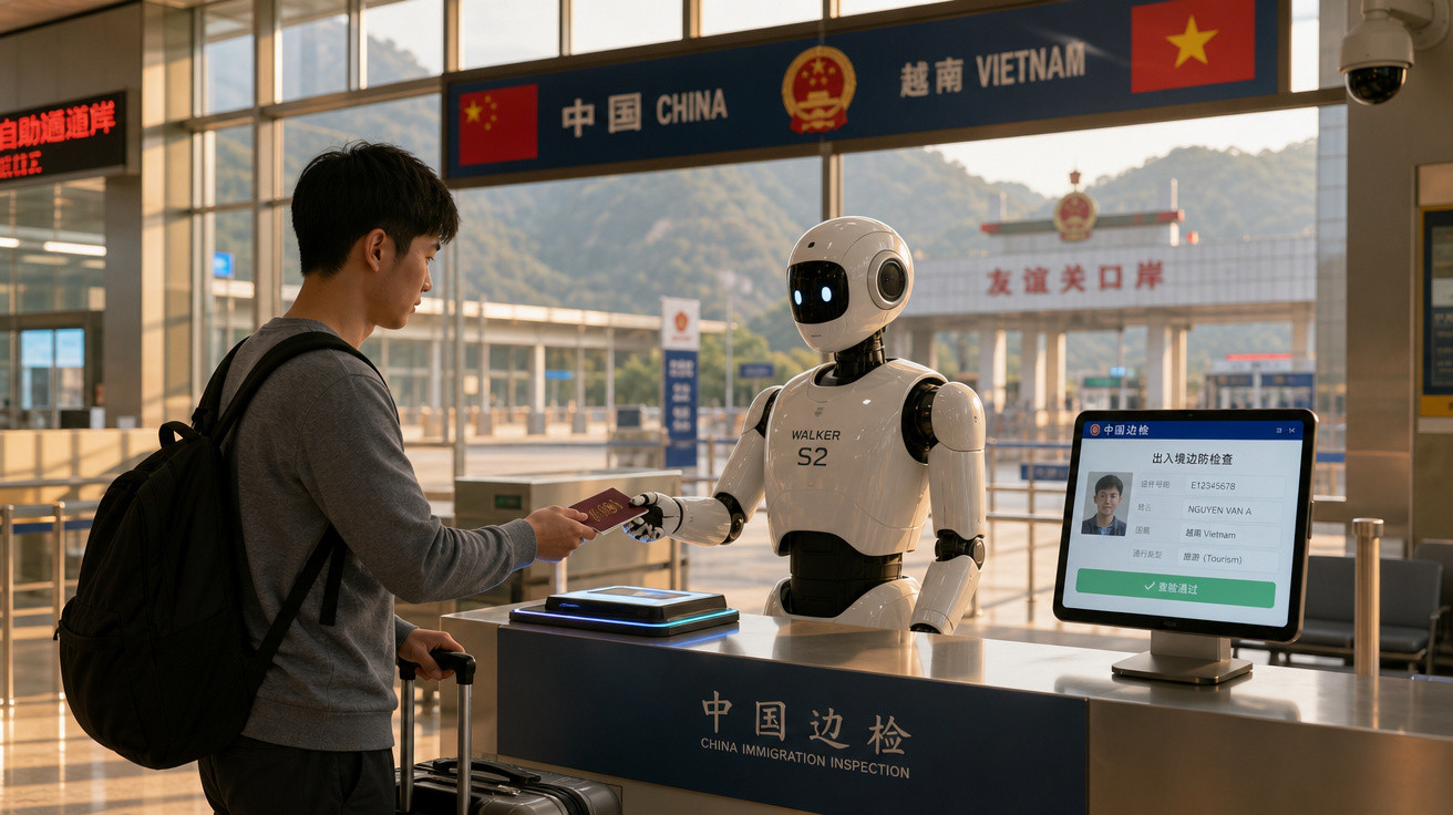 Passageiro entrega passaporte a robô na inspeção de imigração entre China e Vietname.