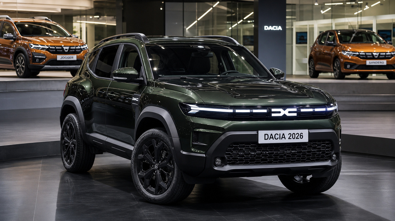 Carro elétrico Dacia 2026 verde escuro em exposição numa sala moderna com outros modelos ao fundo.