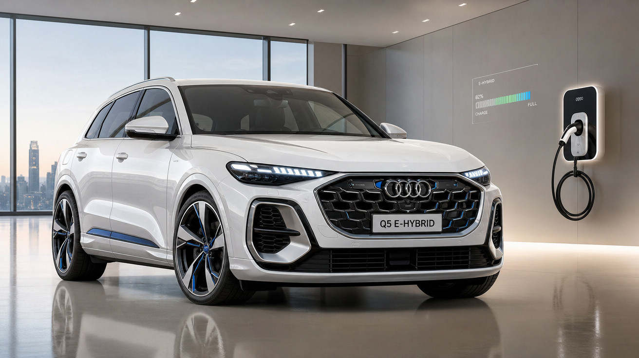 Audi Q5 e-hybrid branco a carregar numa estação de carregamento numa garagem moderna com vista urbana.