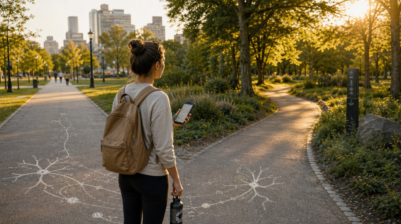 Mulher com mochila observa um caminho bifurcado num parque urbano ao pôr do sol, segurando telemóvel e garrafa.