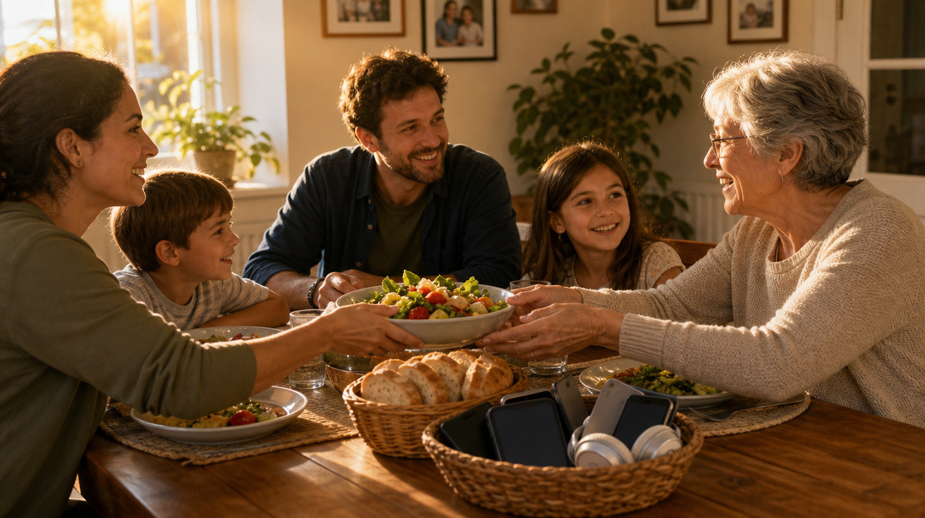 Família multigeracional sorridente partilha uma salada à mesa de jantar iluminada pelo sol.