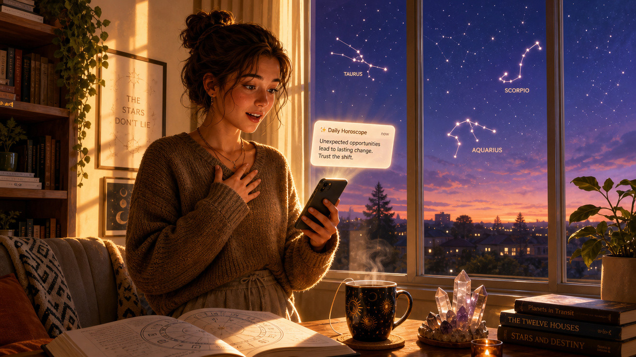 Mulher a ler horóscopo no telemóvel com livros, cristais e constelações visíveis pela janela ao pôr do sol.