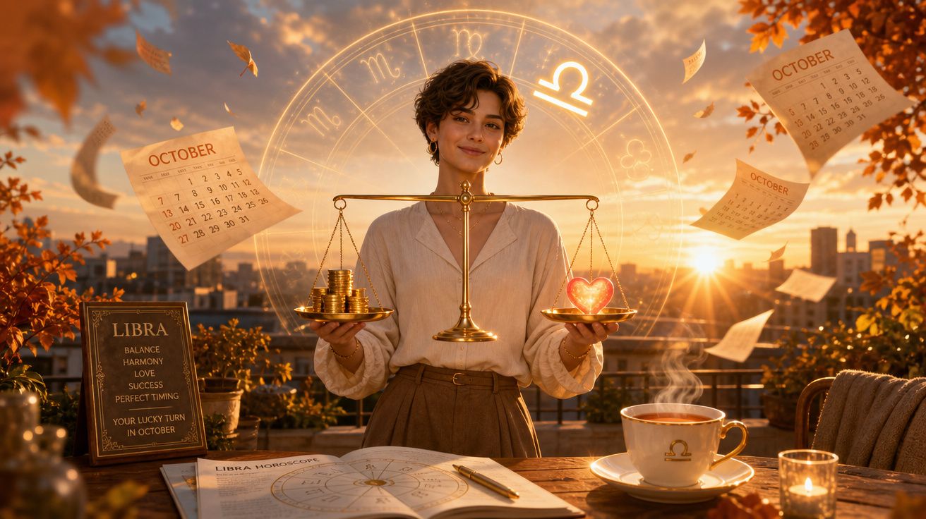 Mulher com balança segurando moedas e coração, símbolo de Libra e calendário de outubro ao pôr do sol.