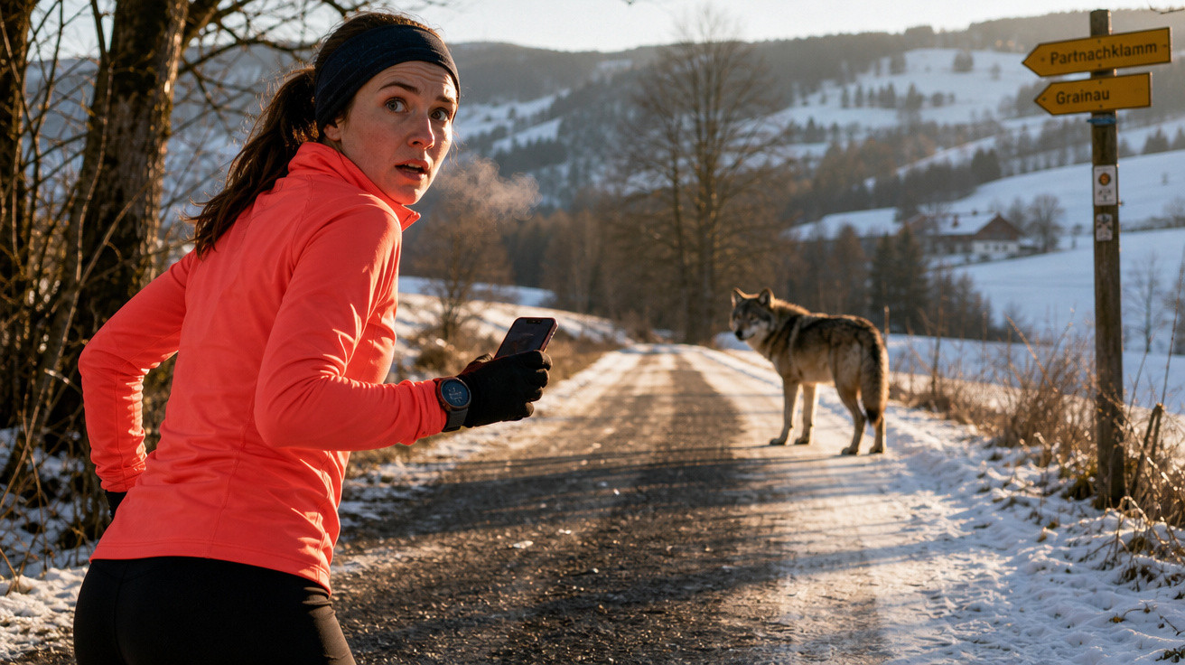 Mulher de roupas de corrida parando na estrada de inverno ao ver um lobo à distância numa paisagem rural.