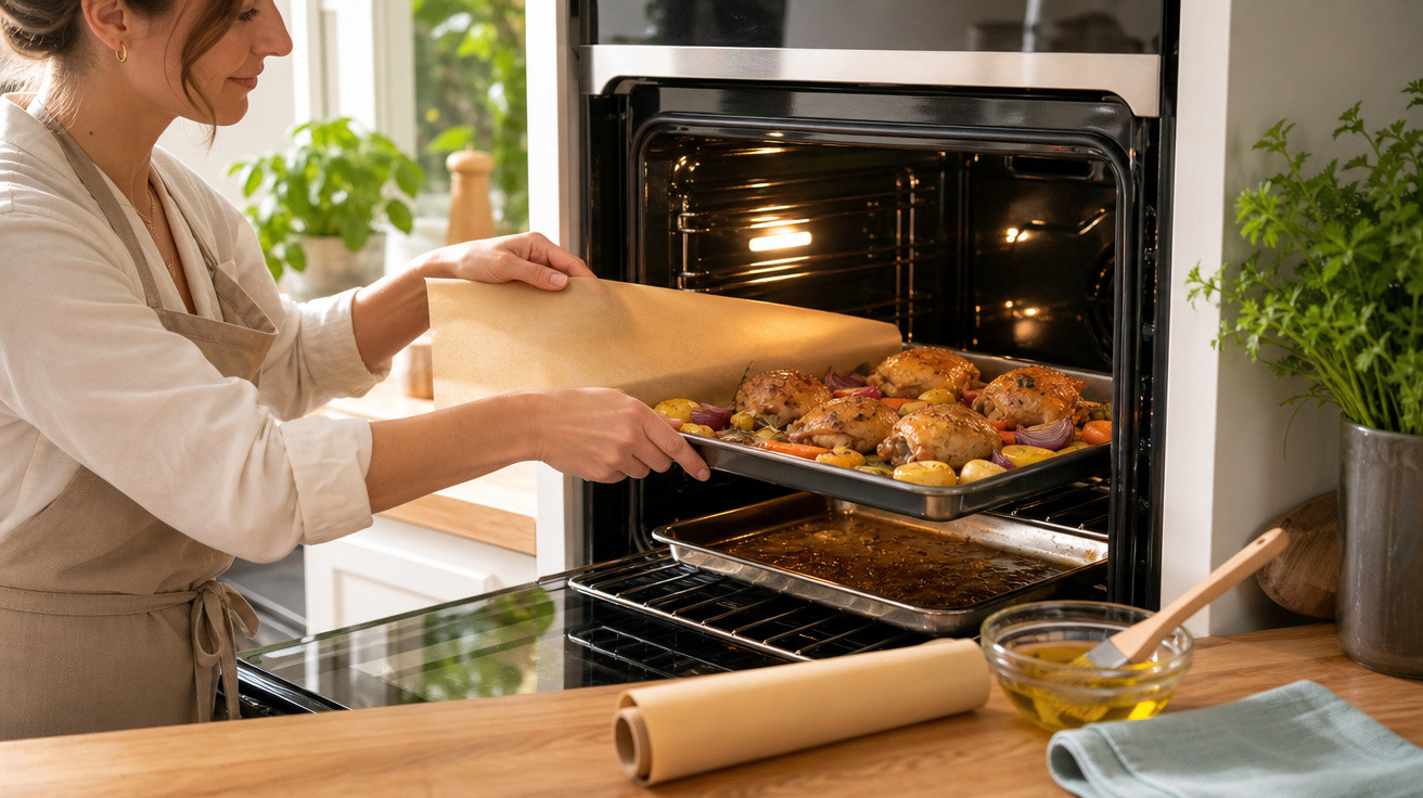 Mulher a retirar tabuleiro com frango assado e legumes de forno numa cozinha moderna e bem iluminada.