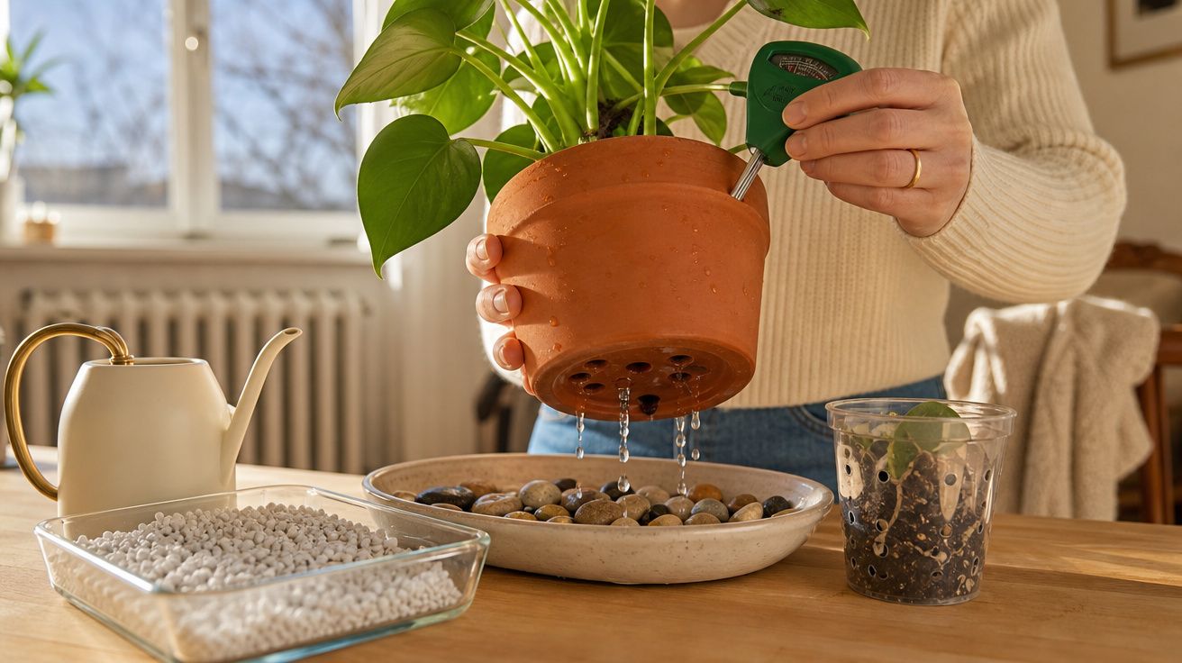 Pessoa a regar planta em vaso de barro com sistema de drenagem sobre mesa com materiais de jardinagem.