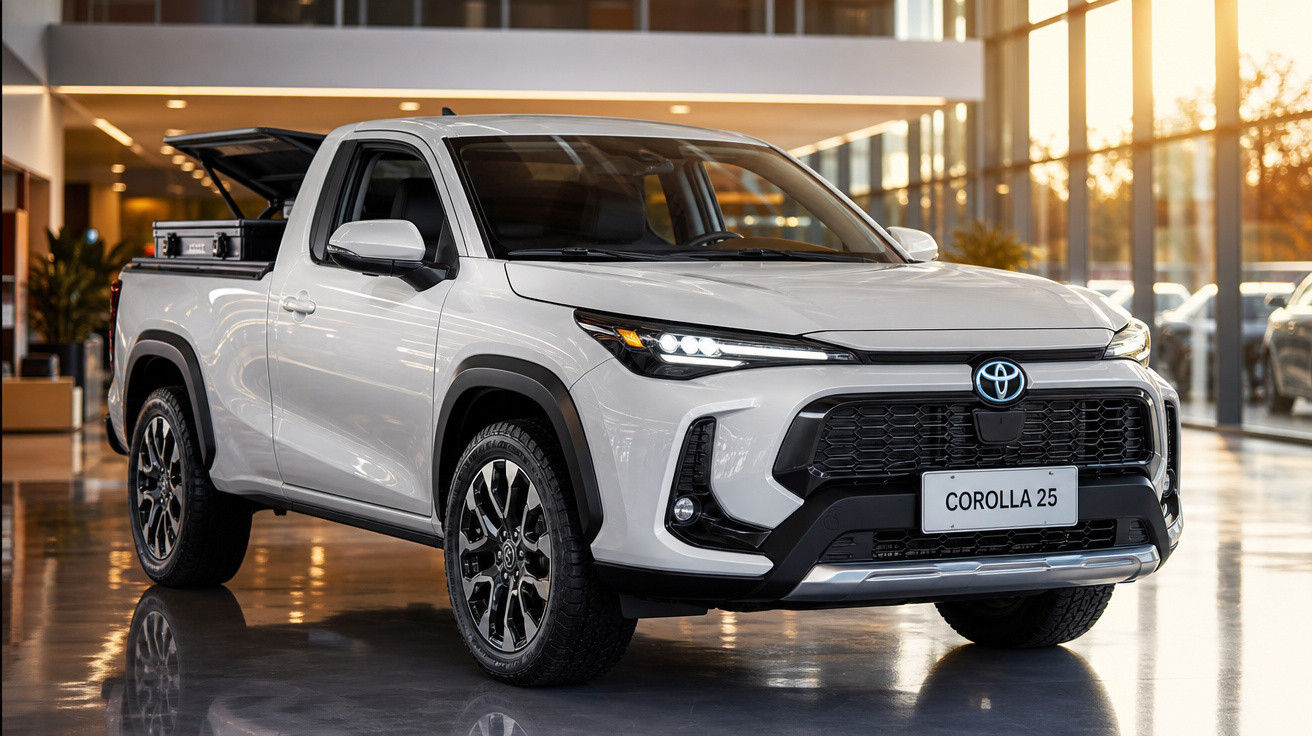 Pick-up Toyota Corolla 25 branca, exibida em salão moderno com luz natural a entrar pelas janelas.