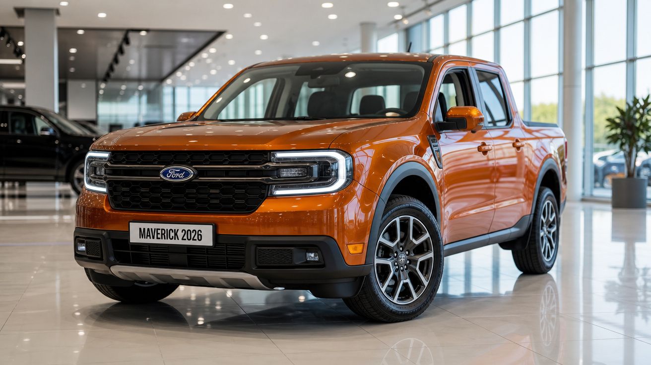 Picape Ford Maverick 2026 laranja em exposição numa concessionária moderna e luminosa.