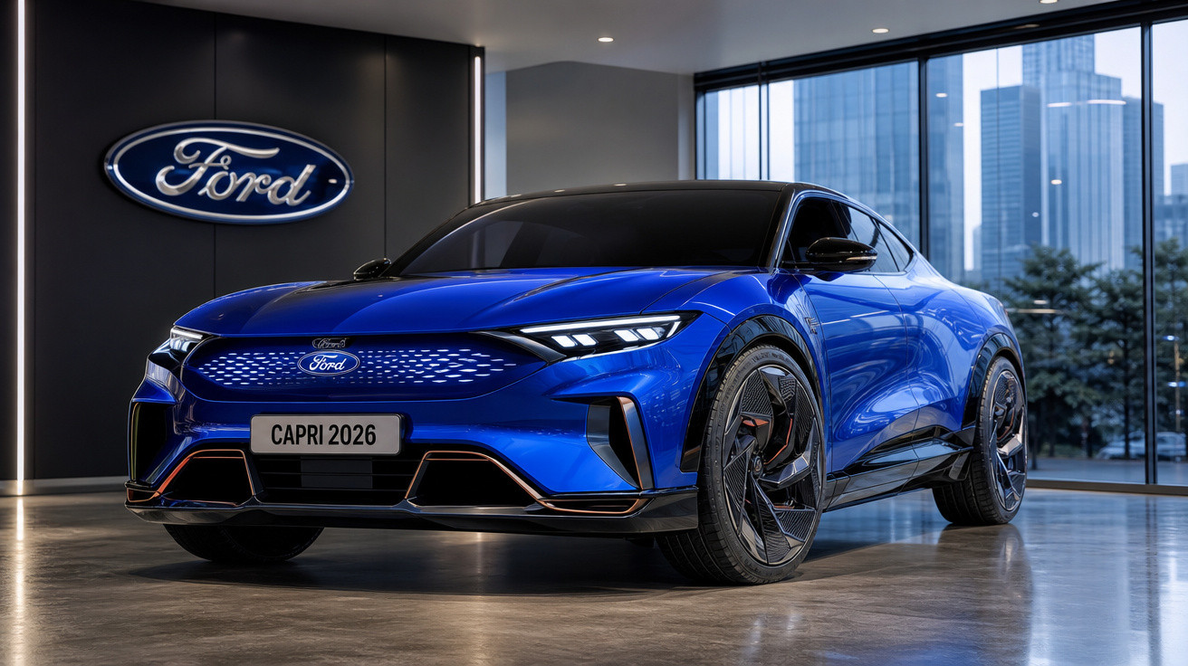 Carro elétrico Ford Capri 2026 azul em exposição interior moderna com janelas amplas e arranha-céus ao fundo.