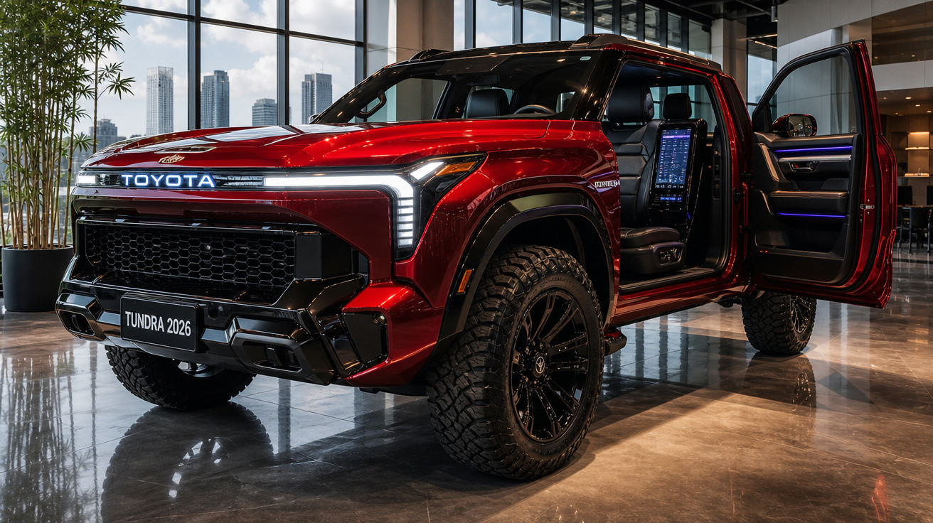 Picape Toyota Tundra 2026 vermelha com porta aberta exposta em showroom moderno.