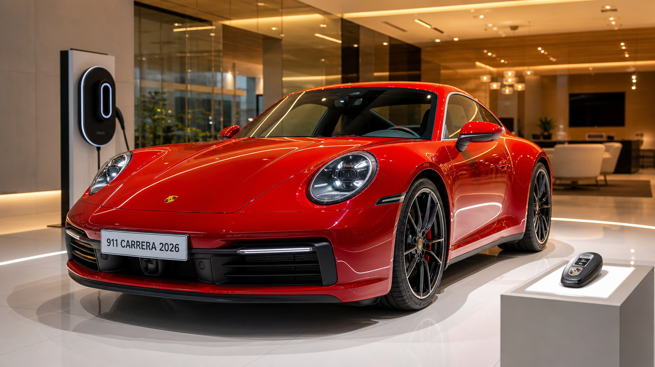 Automóvel Porsche 911 Carrera 2026 vermelho exposto em sala moderna com comando ao lado.