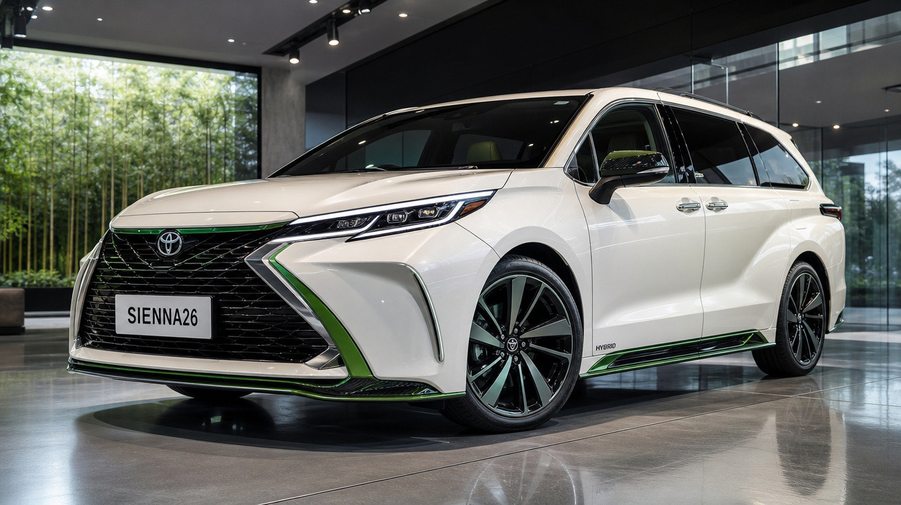 Monovolume Toyota Sienna branco em exposição, com detalhes verdes e rodas negras em ambiente moderno.