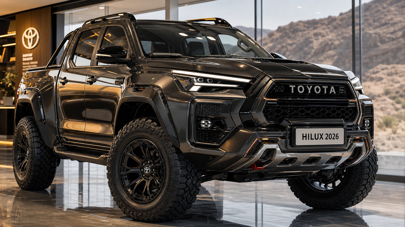 Toyota Hilux 2026 preta, pickup robusta exposta em showroom moderno com vista para montanha.