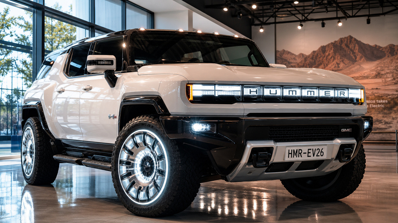 SUV elétrico branco Hummer estacionado em espaço interior com grandes janelas e iluminação moderna.
