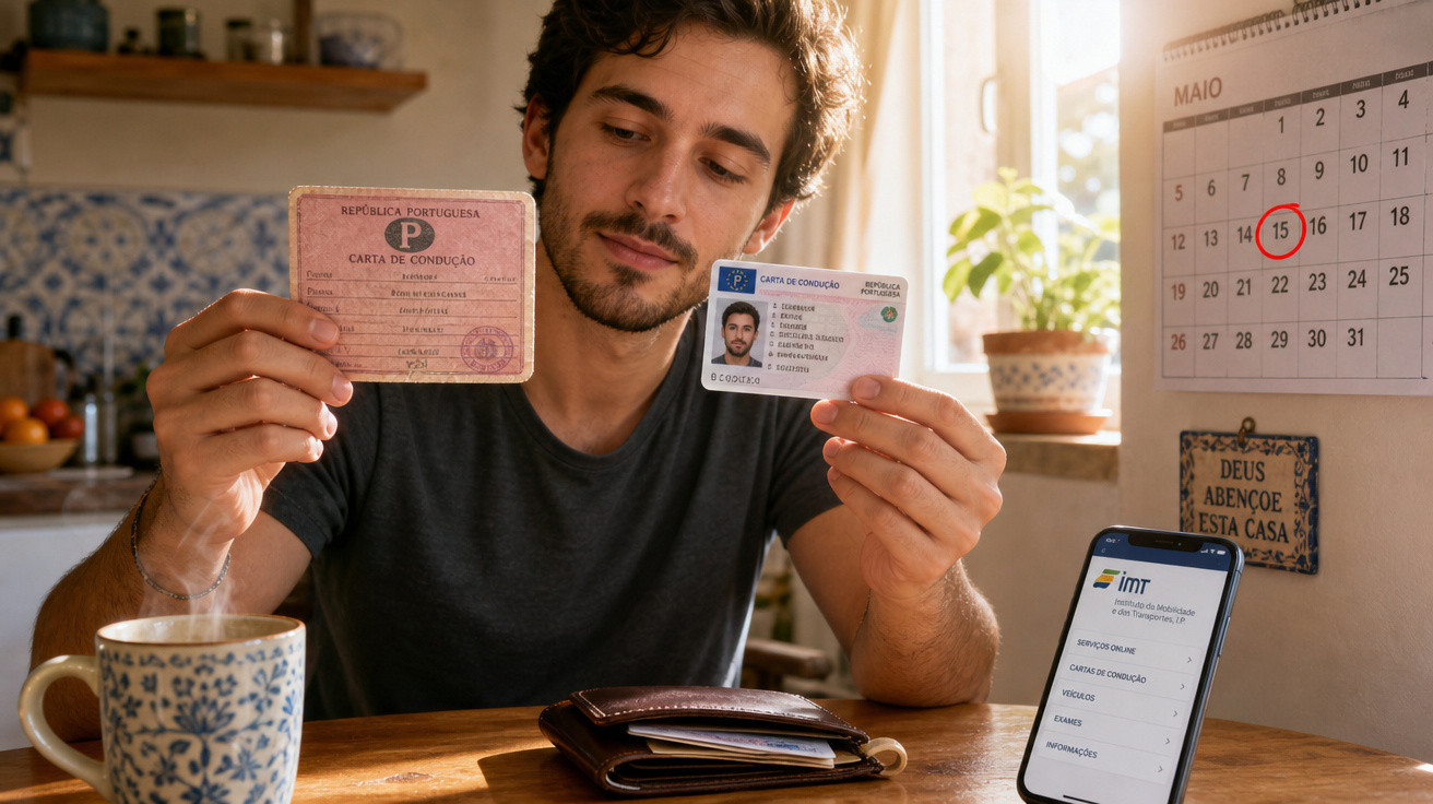Homem segura carta de condução antiga e nova, com smartphone aberto no site do IMT, numa cozinha iluminada.