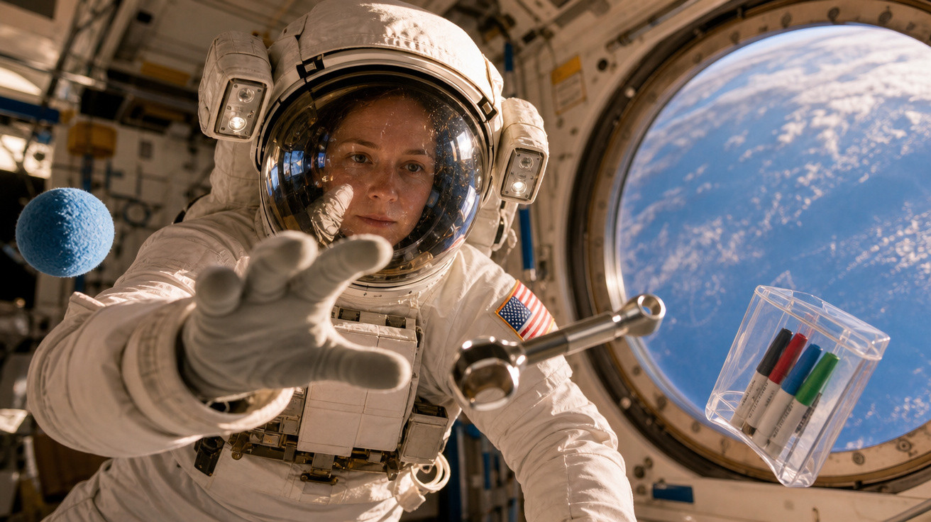 Astronauta em fato espacial flutua na estação espacial com marcadores coloridos e a Terra ao fundo.