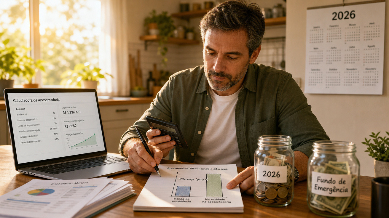 Homem a calcular finanças pessoais com documentos, calculadora e laptop numa mesa em casa.