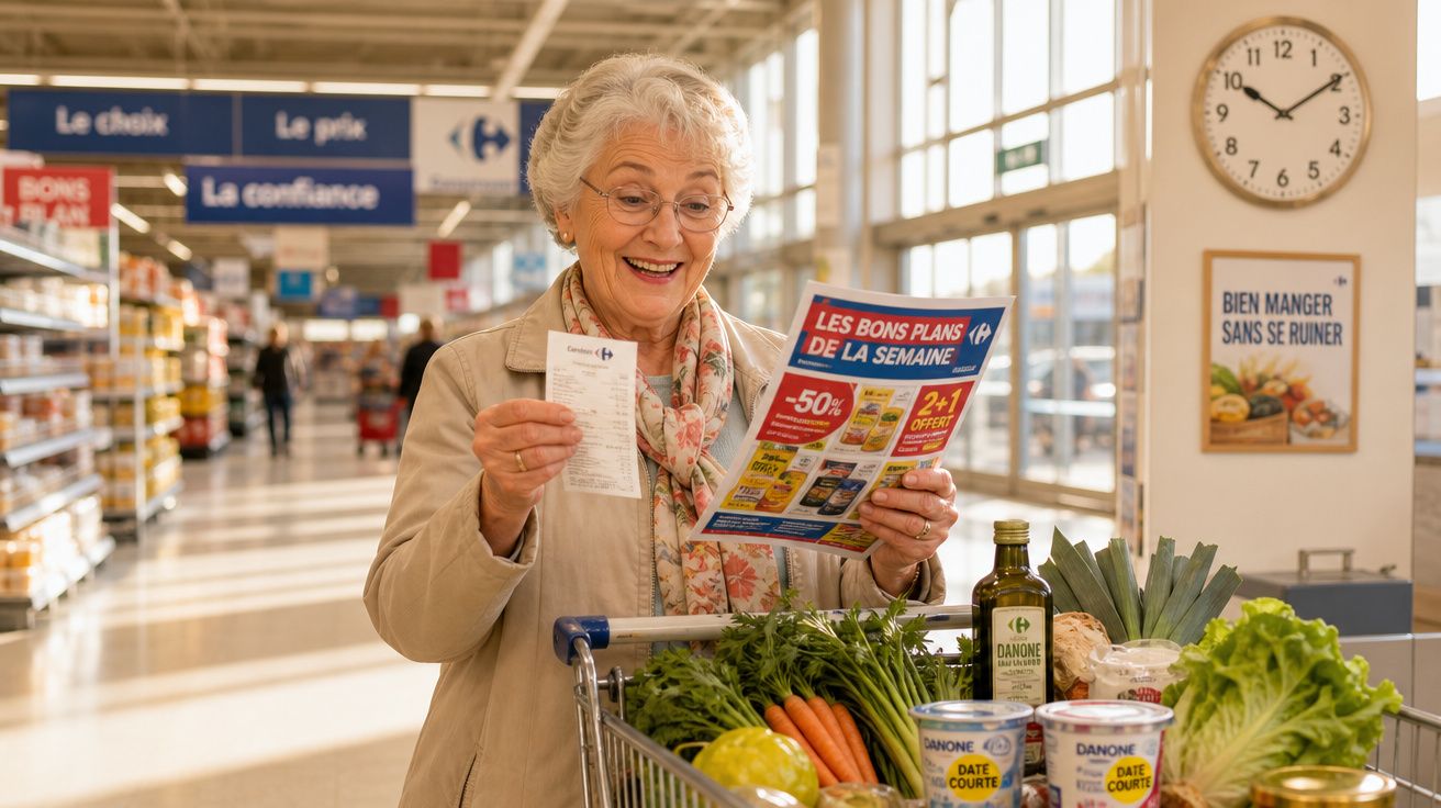 Mulher sénior feliz com carrinho de compras cheio de produtos frescos e folheto de promoções no supermercado.