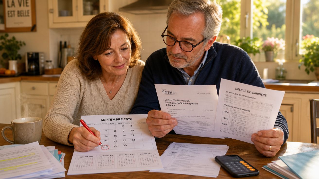 Casal sénior analisa documentos financeiros e marca data num calendário na cozinha iluminada.