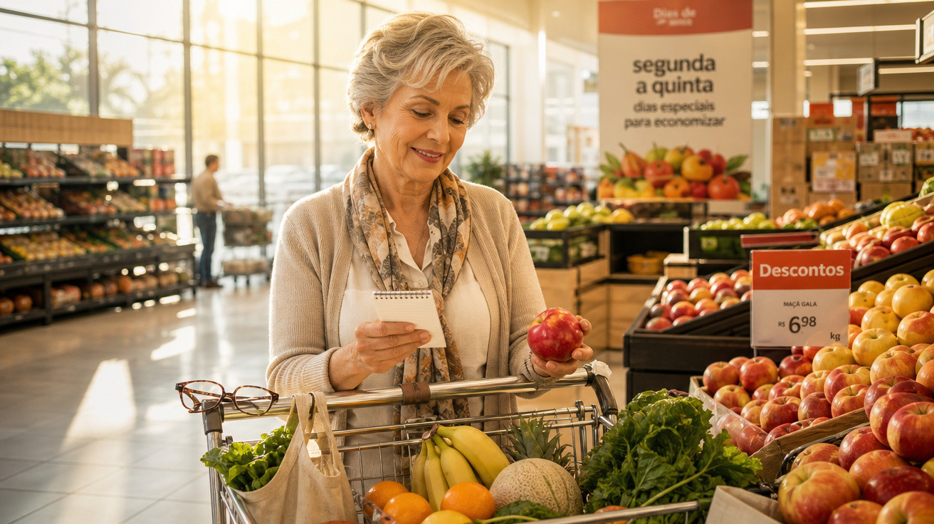 Mulher sénior faz compras no supermercado, segurando maçã e lista, carrinho cheio de frutas e legumes.