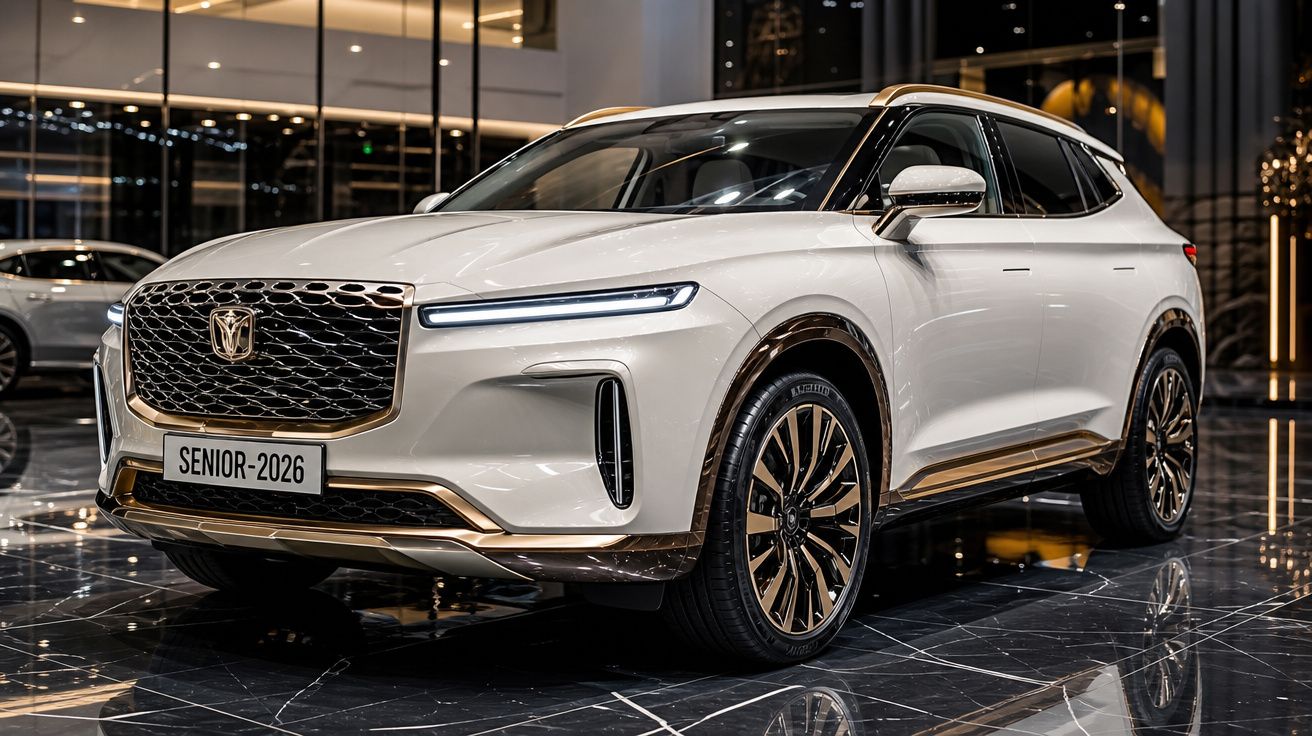SUV branco moderno com detalhes dourados, exibido numa superfície reflectora dentro de um salão elegante.