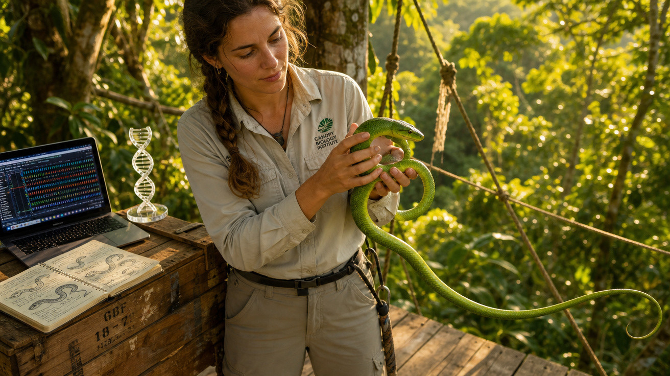 Investigadora segura uma cobra verde enquanto analisa dados genéticos numa plataforma na floresta.