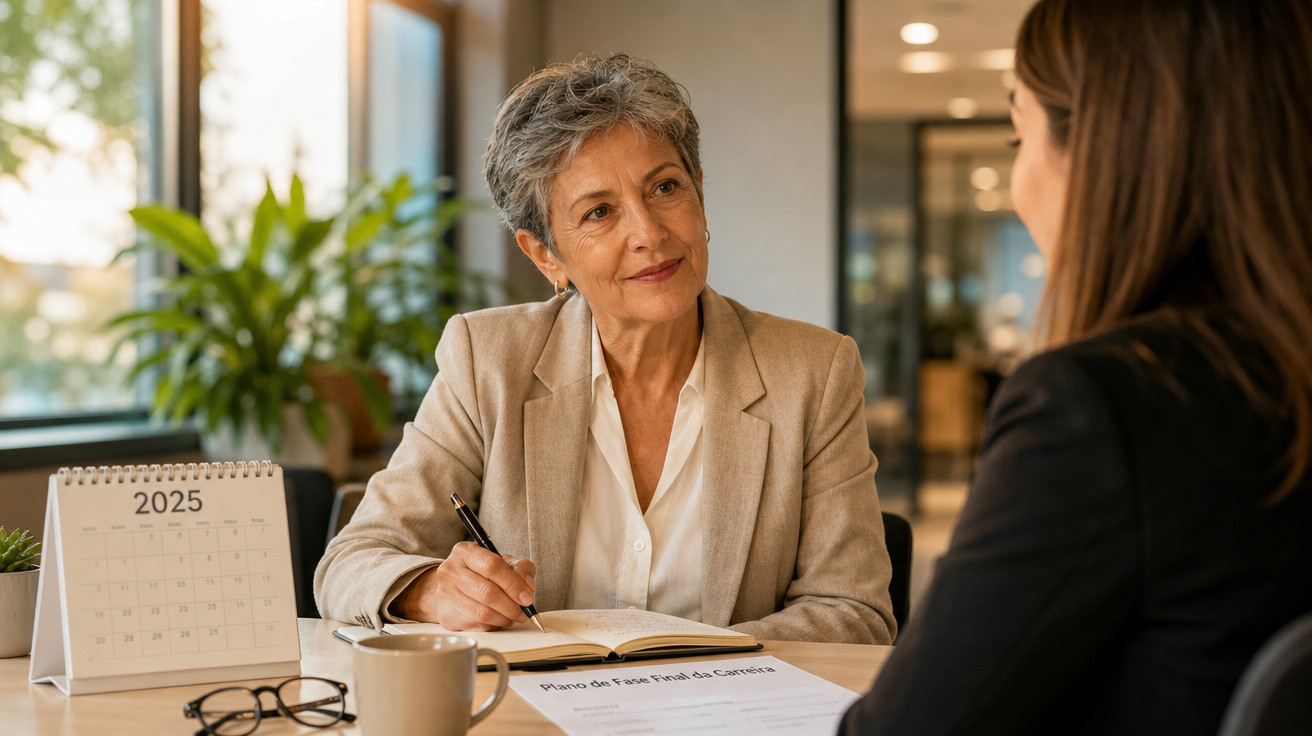 Duas mulheres discutem um plano de carreira numa reunião num escritório com calendário de 2025 na mesa.
