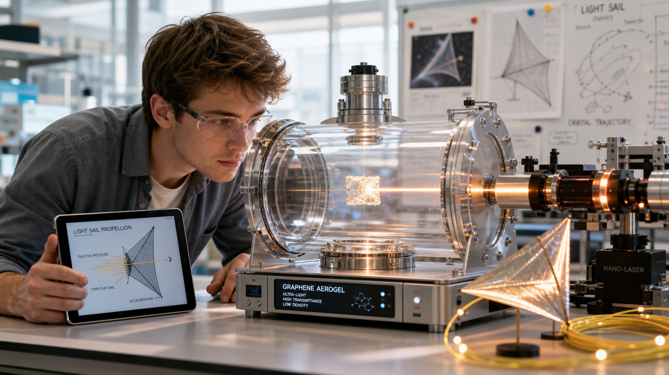 Homem jovem com óculos de proteção observa experimento com aerogel de grafeno em laboratório moderno.